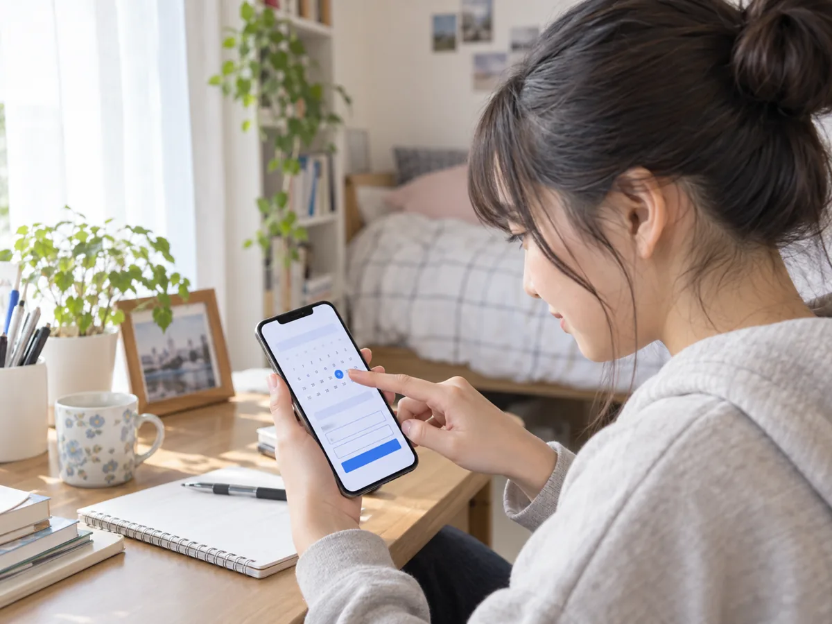 スマートフォンで見学日を選んで申し込む学生のイメージ