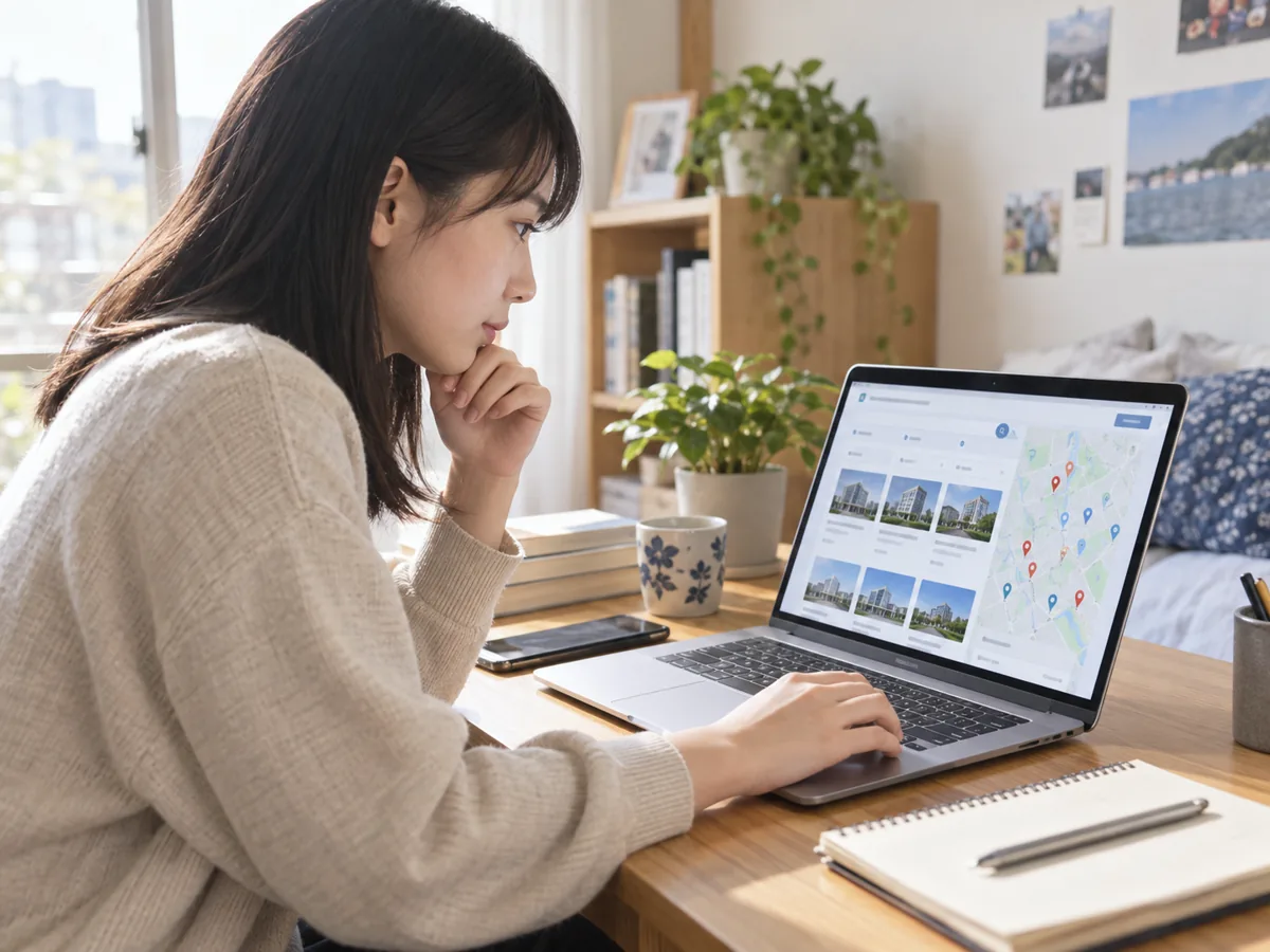 ノートパソコンで地域の企業を探す学生のイメージ
