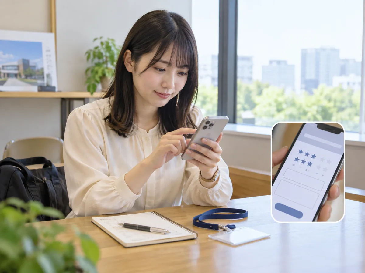 見学後にスマートフォンで感想を記入する学生のイメージ